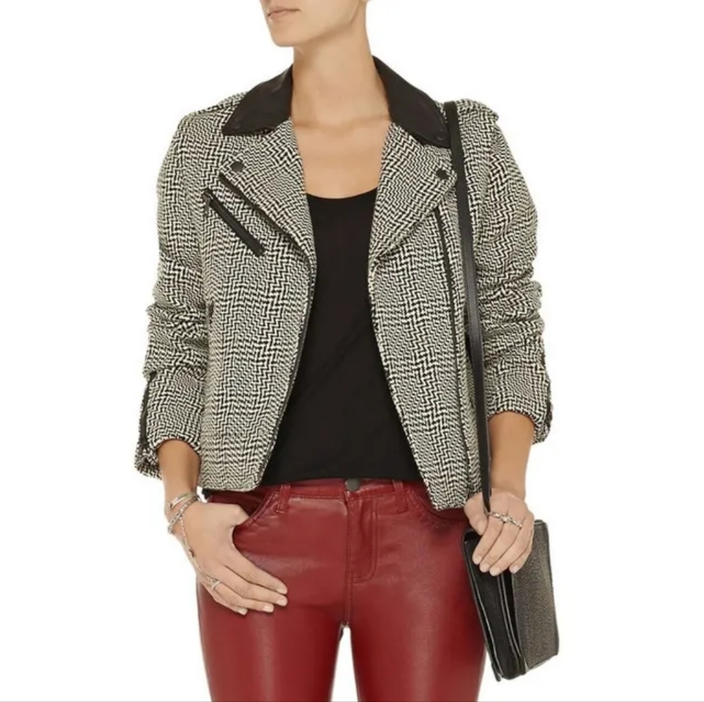 Rag & Bone Bowery leather wool Moto jacket with removable sleeves